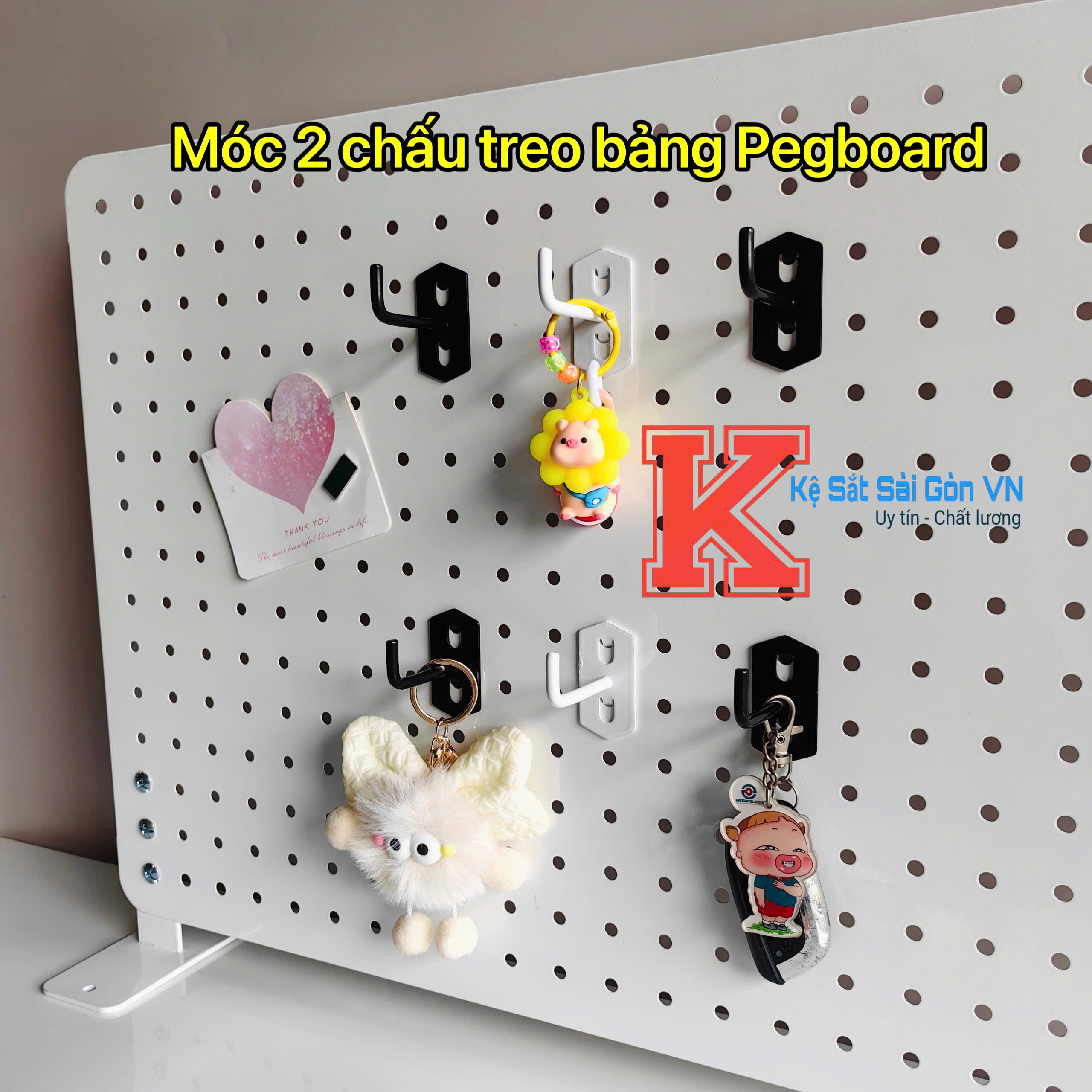 Móc 2 chấu gắn bảng lỗ Pegboard, Móc treo phụ kiện Decor