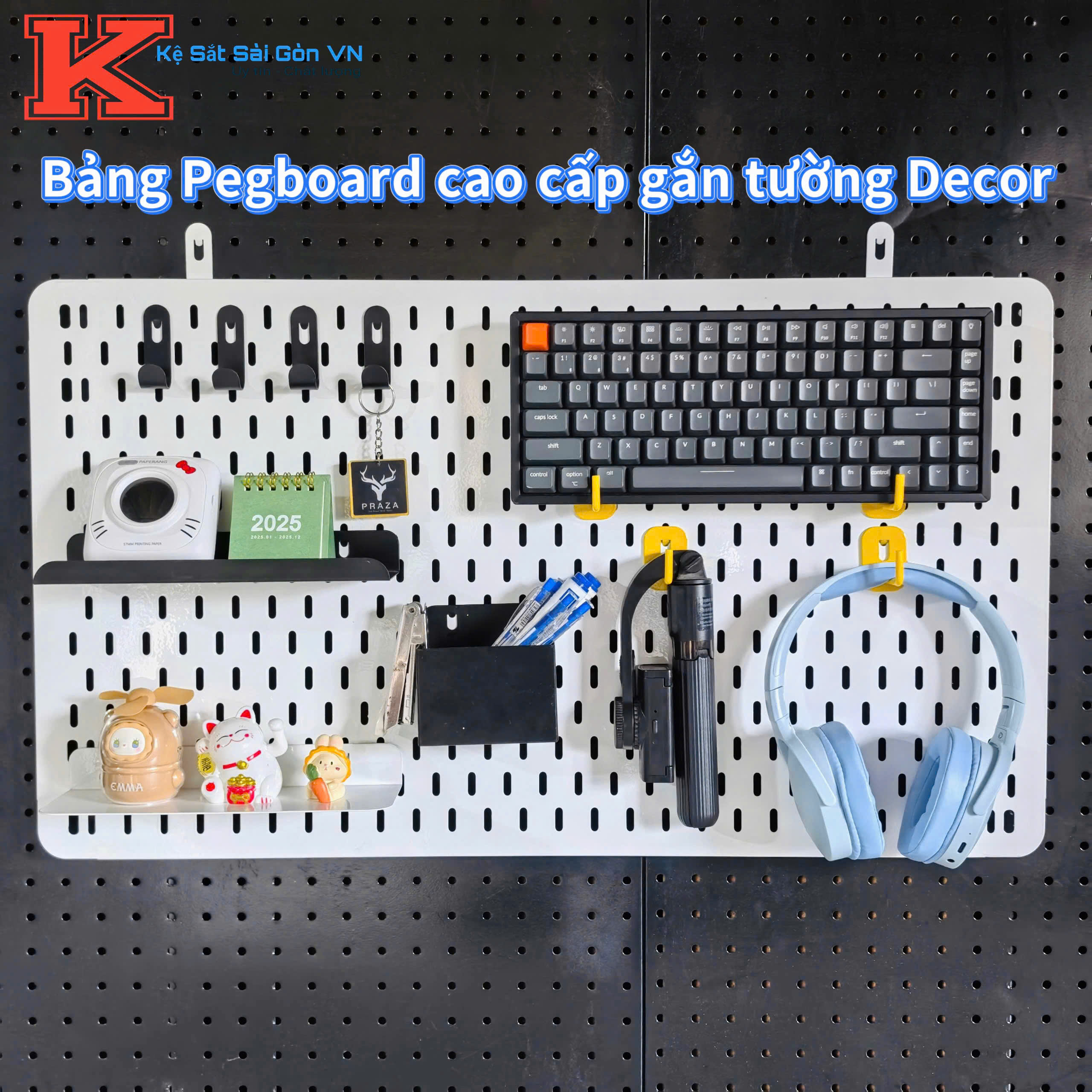 Bảng Pegboard kim loại cao cấp gắn tường, Bảng treo phụ kiện Decor văn phòng, góc làm việc
