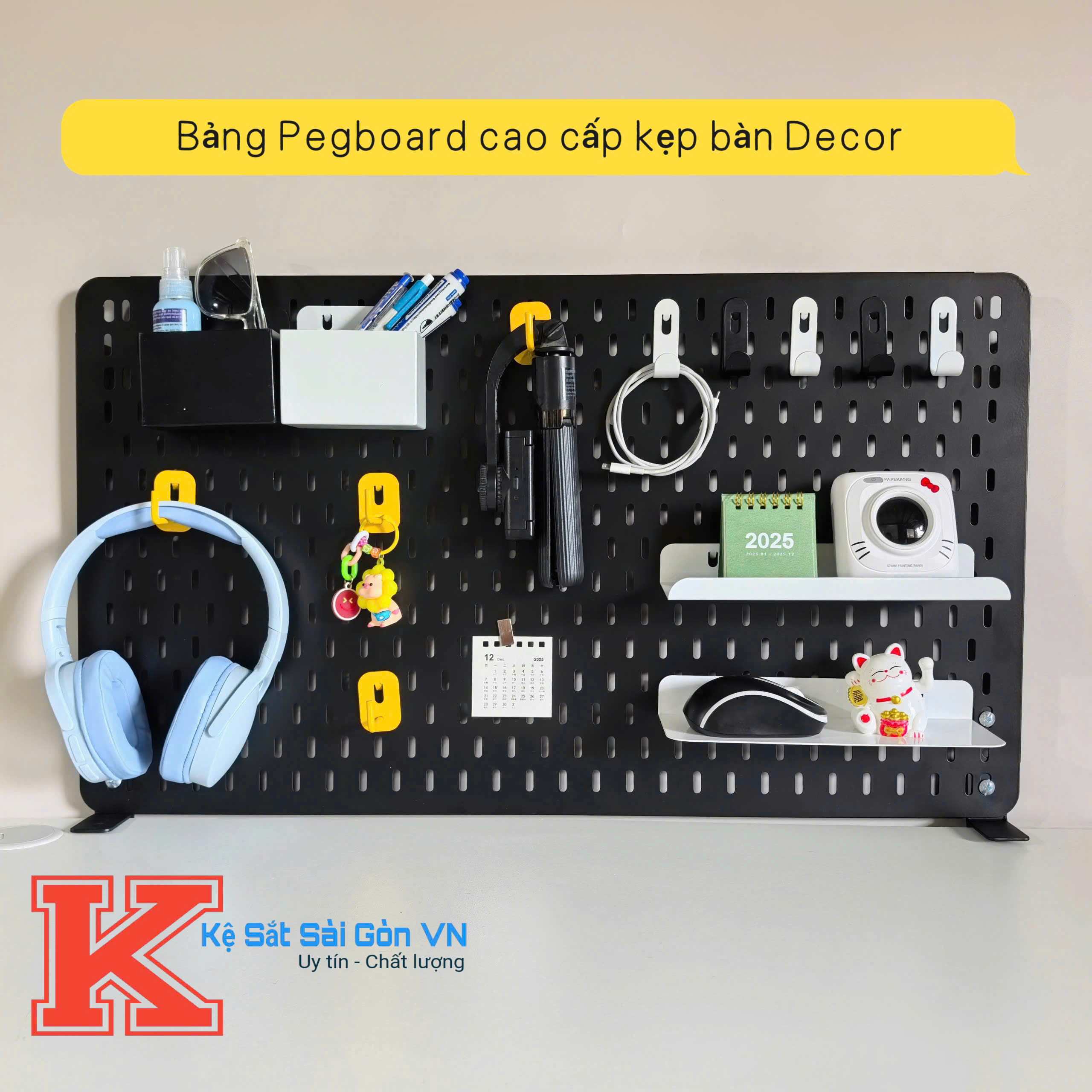 Bảng Pegboard lỗ dọc cao cấp kẹp bàn, Bảng kim loại treo phụ kiện trưng bày